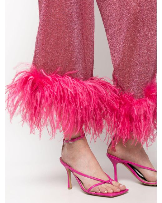 Oseree Pink Wide Leg Trousers With Feather Detail