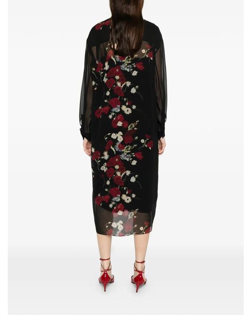 Khaite Black Floral-Print Midi Shirt Dress