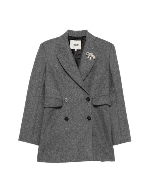 Maje Gray Double-Breasted Crystal-Embellished Coat