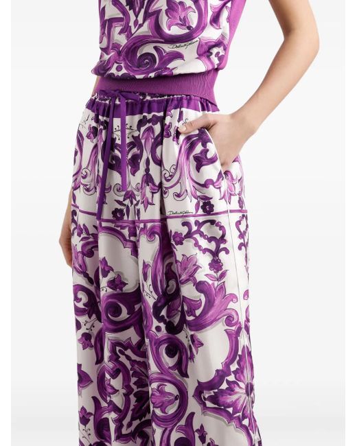 Dolce & Gabbana Maiolica Printed Silk Wide Pants Purple