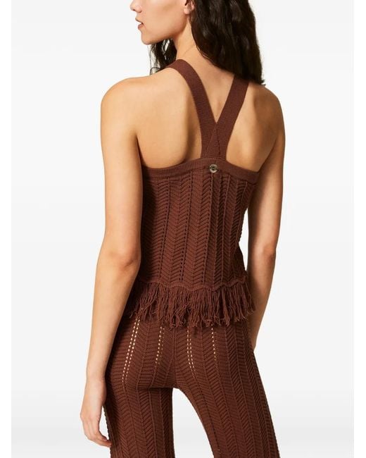 Twinset Brown Knit Top With Fringes