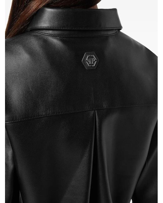 Philipp Plein Black Leather Cropped Shirt Signature