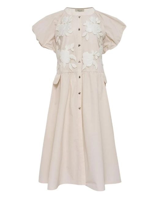 Caroline Hu Natural Floral-embroidered Puff-sleeve Midi Dress