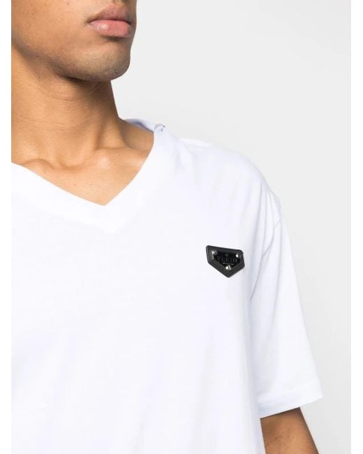 Philipp Plein White Logo-Plaque V-Neck T-Shirt for men