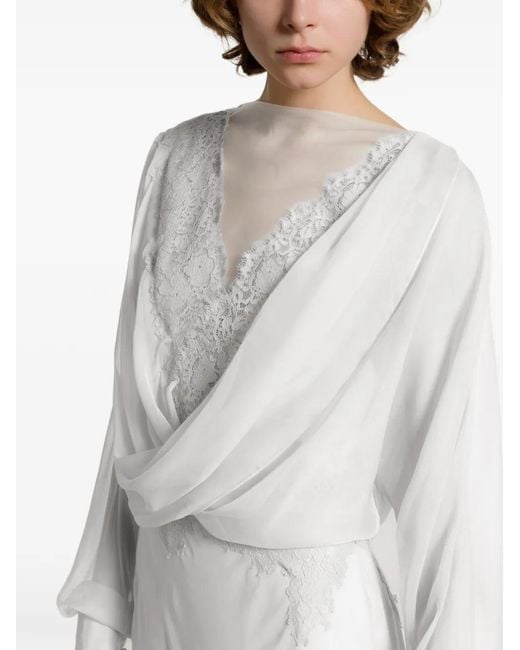 Alberta Ferretti White Lace-Trimmed Draped Gown