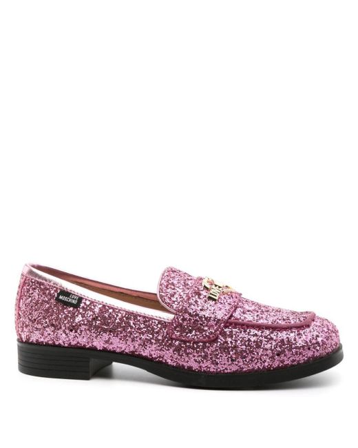 Love Moschino Purple Glitter-detail Square-toe Loafers