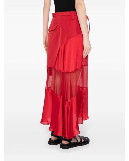 Sacai Red Sheer-panelled Asymmetric Skirt
