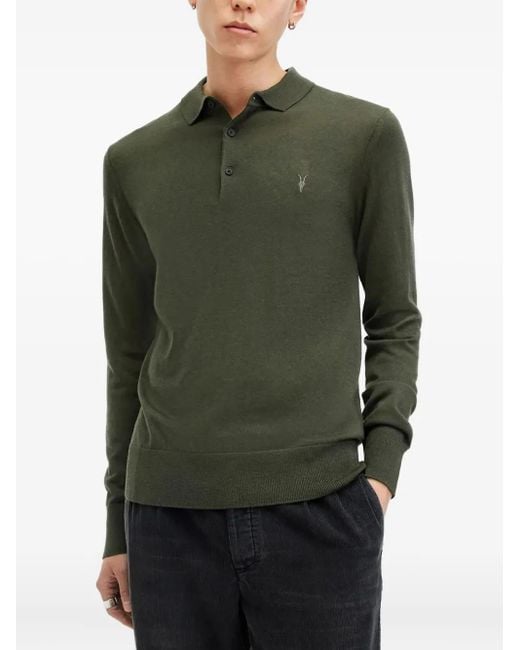 AllSaints Men's Green Long-Sleeve Polo Shirt