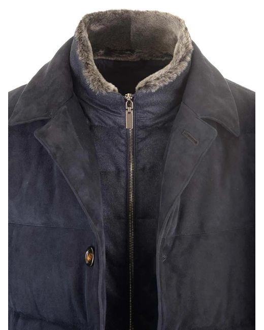 Al Duca D'aosta Blue Shearling-Collar Suede-Panel Padded Jacket for men