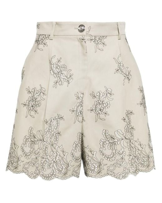 Giambattista Valli Natural Floral-embroidered High-waist Shorts