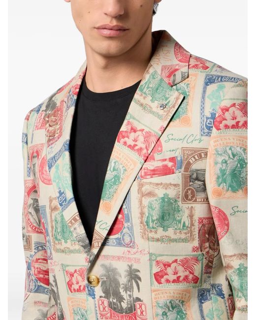 Billionaire White Printed Linen Blazer for men