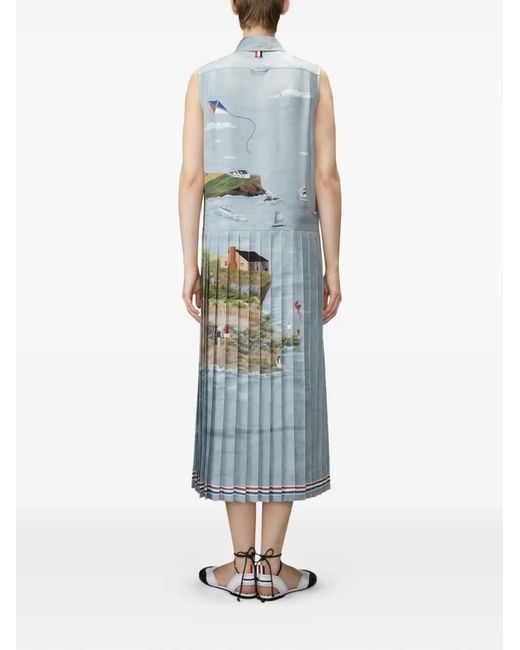 Thom Browne Blue Robe-Chemise Mi-Longue Nantucket À Imprimé Paysage