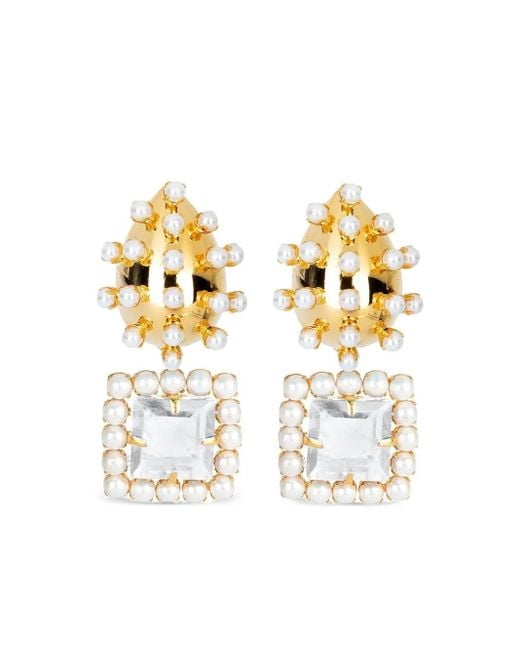 Bounkit Metallic Pearl And Quartz Drop Earrings