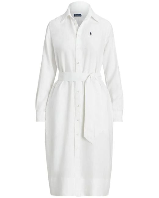 Polo Ralph Lauren White Logo-Embroidered Linen Shirtdress