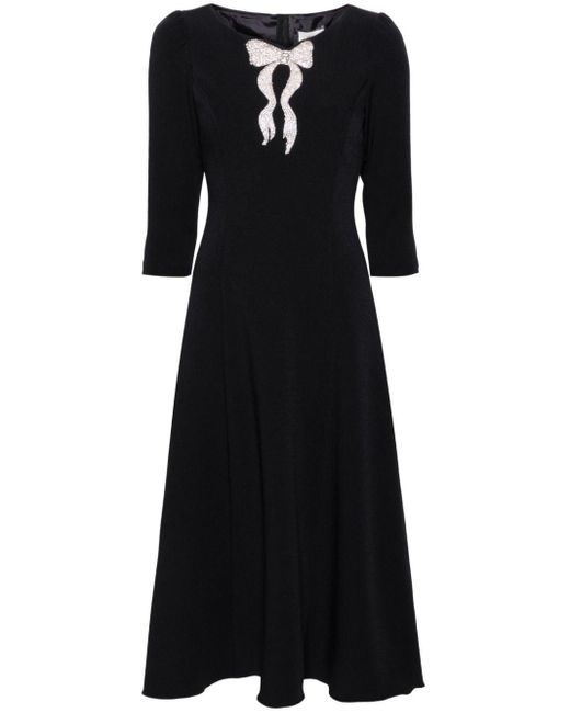 Nissa Black Rhinestoned Crepe Midi Dress