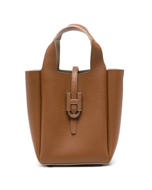 Hogan Brown Logo-Plaque Pebbled-Leather Tote Bag