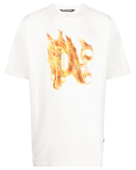 T-Shirt Burning Con Stampa di Palm Angels in White da Uomo