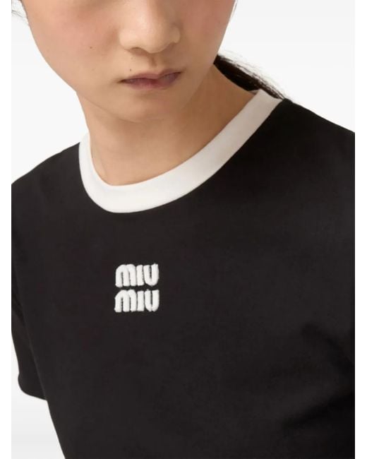 Miu Miu Logo-Embroidered T-Shirt in Black | Lyst Miu Miu Logo-Embroidered T-Shirt in Black | Lyst