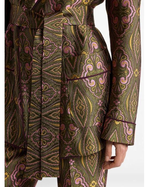 Etro Brown Jacquard Jacket With Belt And Floral Medallion Motif