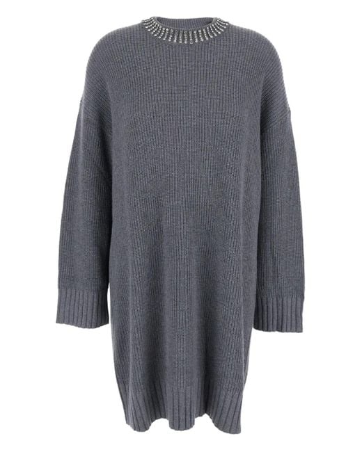 Pinko Gray Embellished-Neckline Knit Mini Dress
