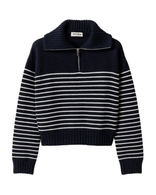 Miu Miu Blue Ribbed-Collar Striped Sweater