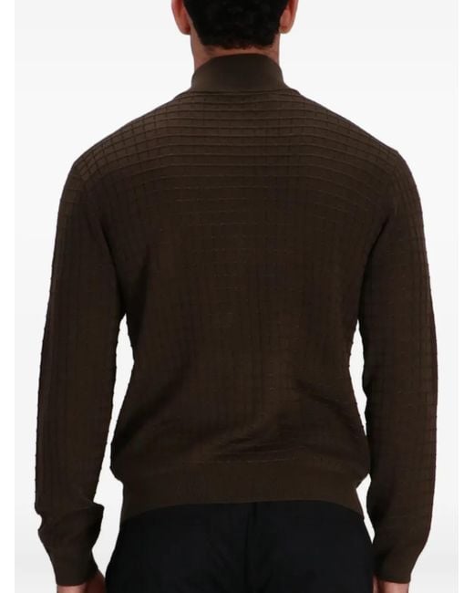 Emporio Armani Brown Grid-Pattern Zip-Up Cardigan for men