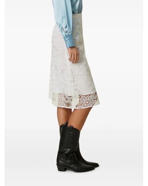 Twinset White Floral-Lace Midi Skirt