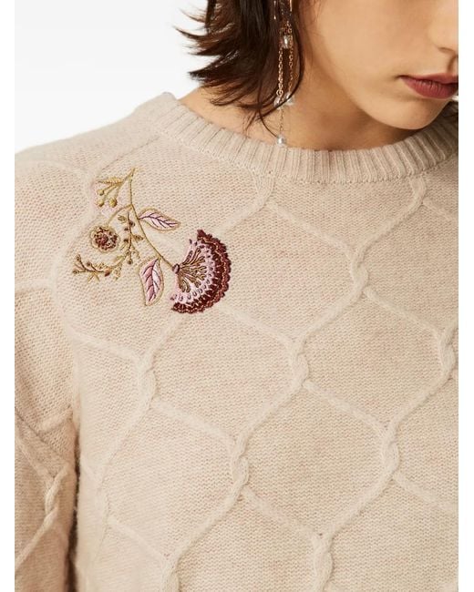 Twinset Natural Floral-Embroidered Diamond-Knit Sweater