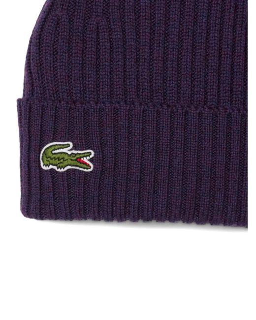 Lacoste Blue Ribbed Logo-Patch Beanie for men