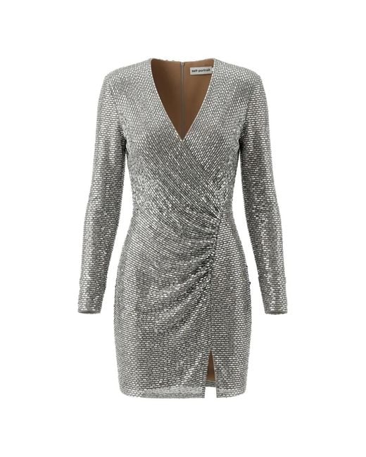 Self-Portrait Gray Rhinestone-Embellished Wrap-Style Dress