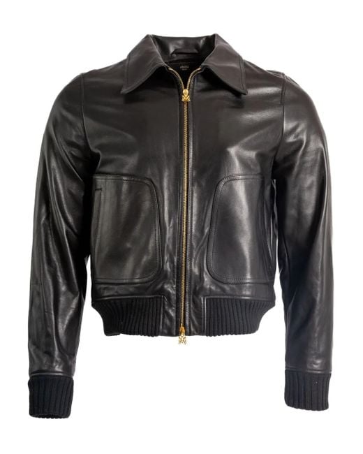 Amiri Black Leather Zip-Front Bomber Jacket for men