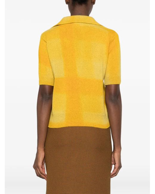 Kristina Ti Yellow Check-Pattern Polo-Collar Sweater