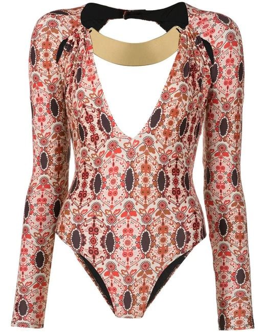 Amir Slama Pink Floral-Print V-Neck Bodysuit