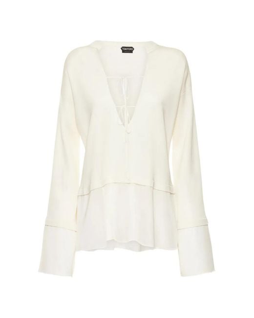 Tom Ford White V-Neck Long-Sleeves Blouse