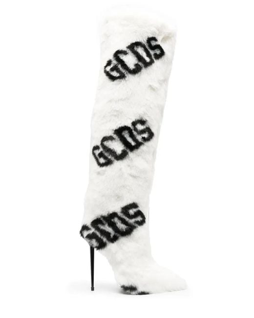 Gcds White 110Mm Faux-Fur Logo-Print Boots