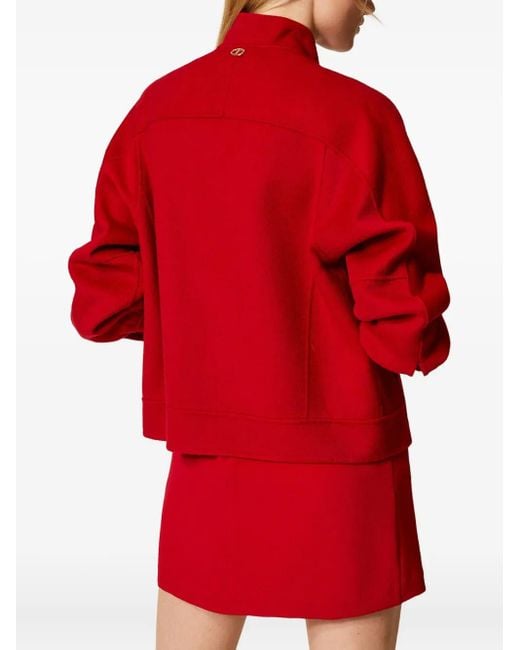Twinset Red High-Neck Balloon-Sleeve Bomber Jacket