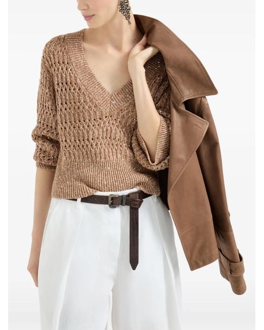Brunello Cucinelli Natural Pullover mit V-Ausschnitt