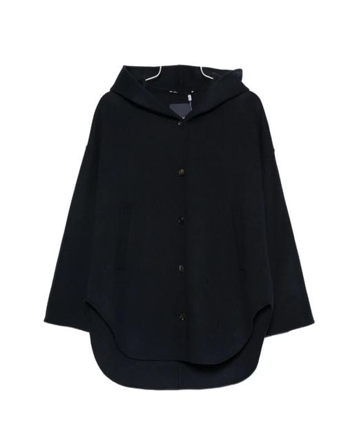 Max Mara Blue Hooded Button-Up Coat