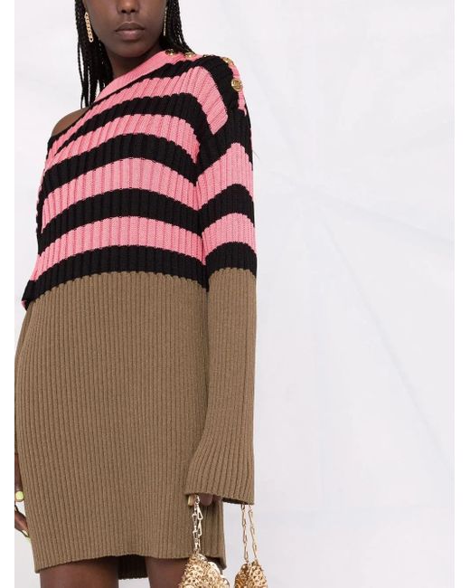 Balmain Multicolor Striped Colour-Block Ribbed-Knit Dress