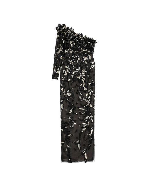 Saiid Kobeisy Black One-Shoulder Embroidered Tulle Dress