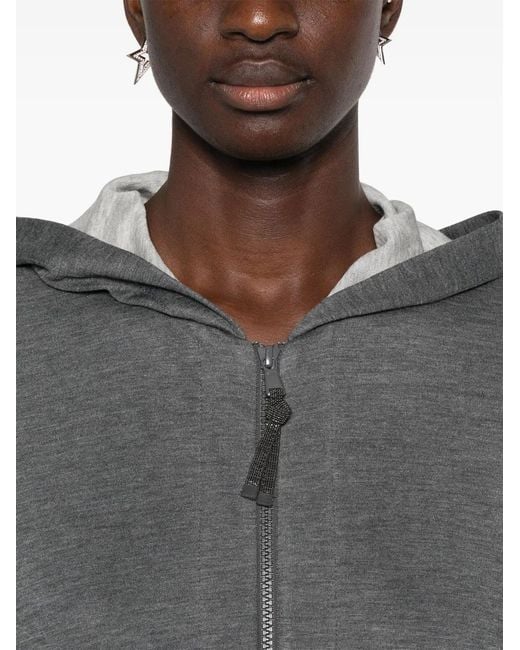 Brunello Cucinelli Gray Cotton And Silk Blend Hooded Zipped Cardigan