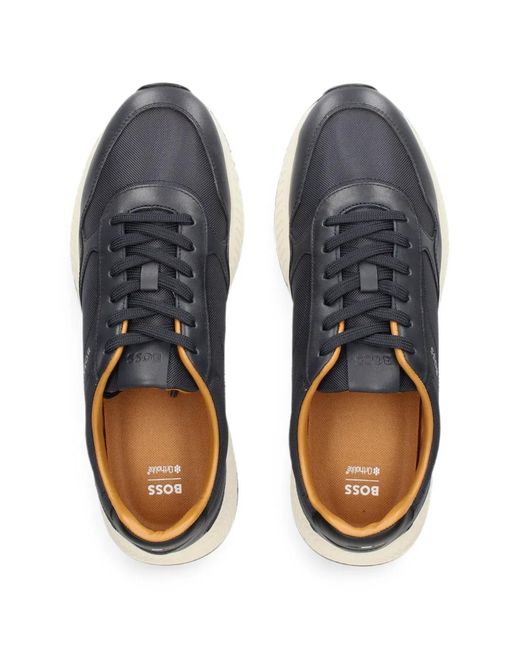Boss Blue Leather-Panelled Mesh Sneakers for men