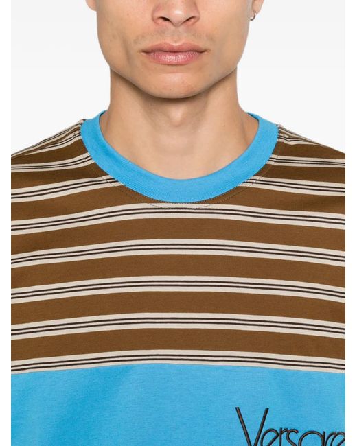 Versace Blue Logo-Embroidered Striped T-Shirt for men