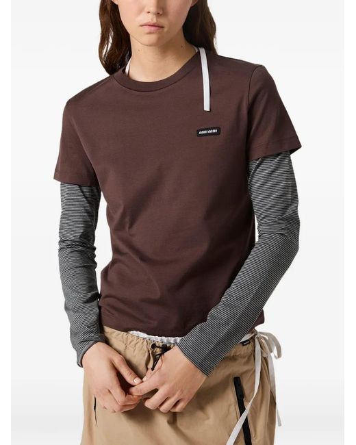 Miu Miu Purple Striped-Sleeve Logo-Patch T-Shirt