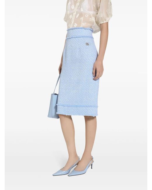 Dolce & Gabbana Blue Dna Appliqué-Logo Tweed Straight Skirt