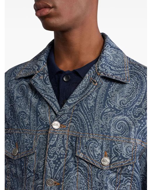 Etro Blue Denim Jacket With Paisley Motif All Over for men