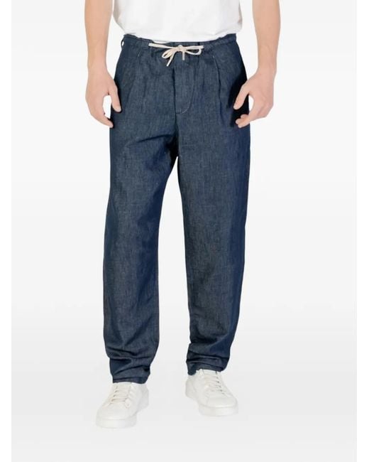 Replay Blue Drawstring-Fastening Pleated Cotton Trousers for men
