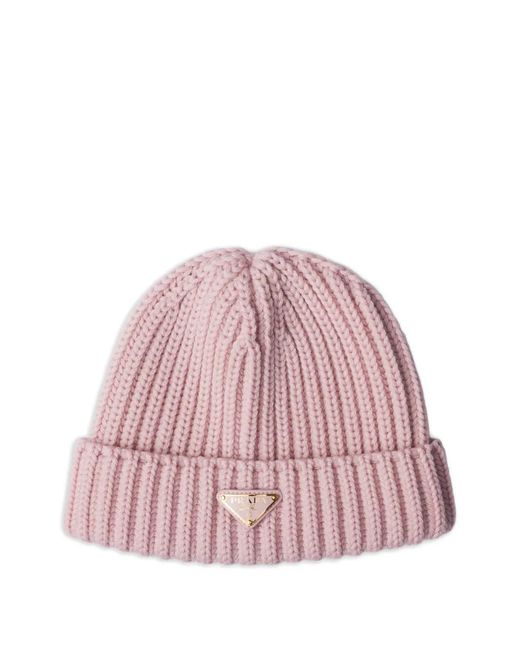 Prada Pink Triangle-Logo Wool Beanie