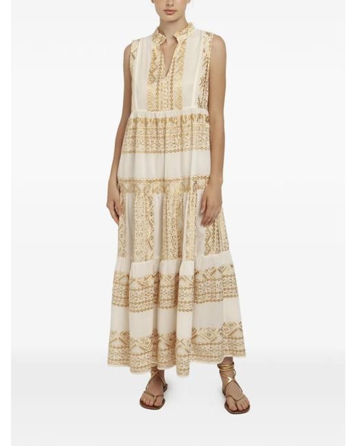 Greek Archaic Kori Natural Embroidered Tiered Dress