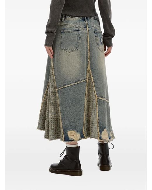 Musium Div. Blue Patchwork Distressed-Finish Midi Skirt